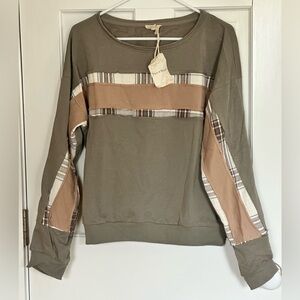 NWT Hem & Thread Olive and Beige Mixed Material Striped Sweatshirt - size L